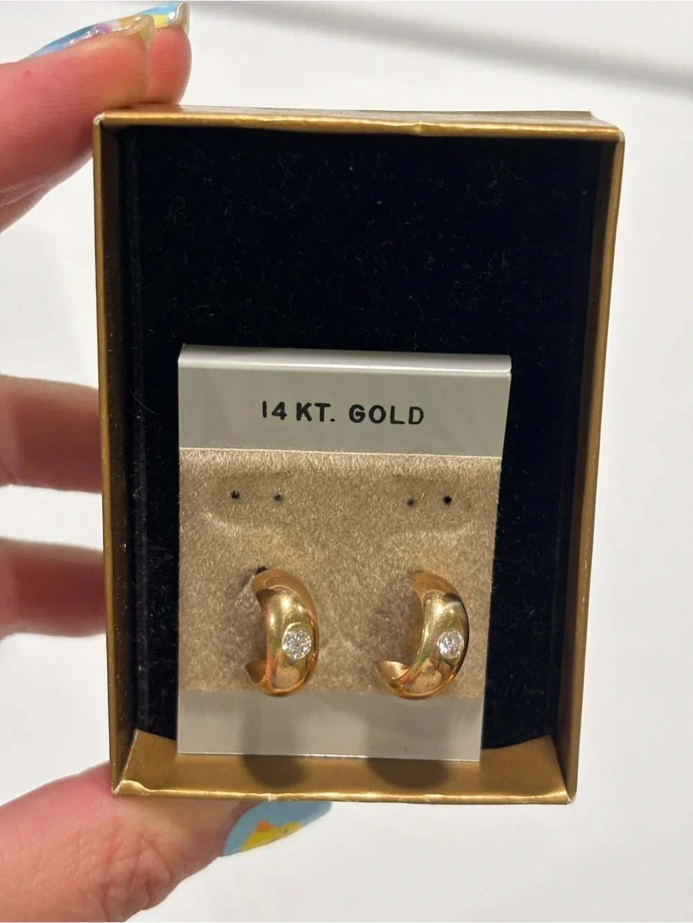 Gold-toned Huggie Earrings with Crystal Accent - Picture 3 of 4